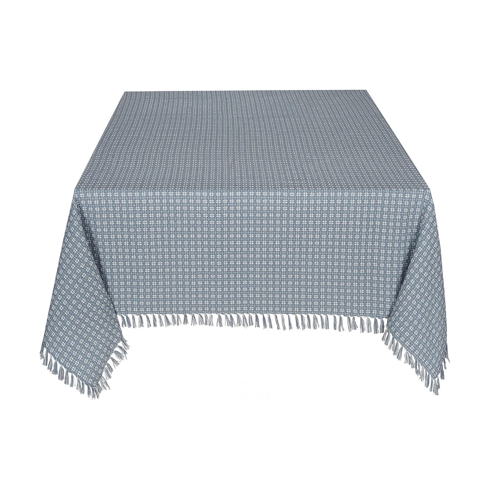 Table Cloth, Wedgewood Blue/White Woven Fringed, 100% Cotton Table Cover, Size 60x84 Inch, Suitable for Formal Dining