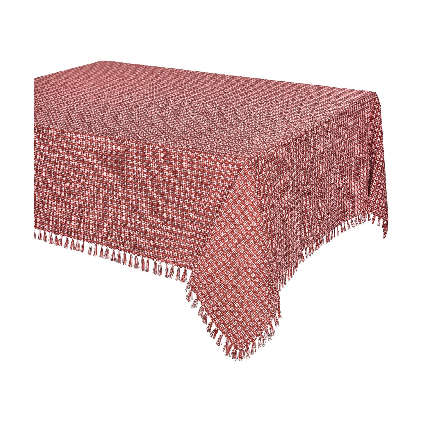 Table Cloth, Spice Red/White Woven Fringed, 100% Cotton Table Cover, Size 60x120 Inch, Suitable for Formal Dining