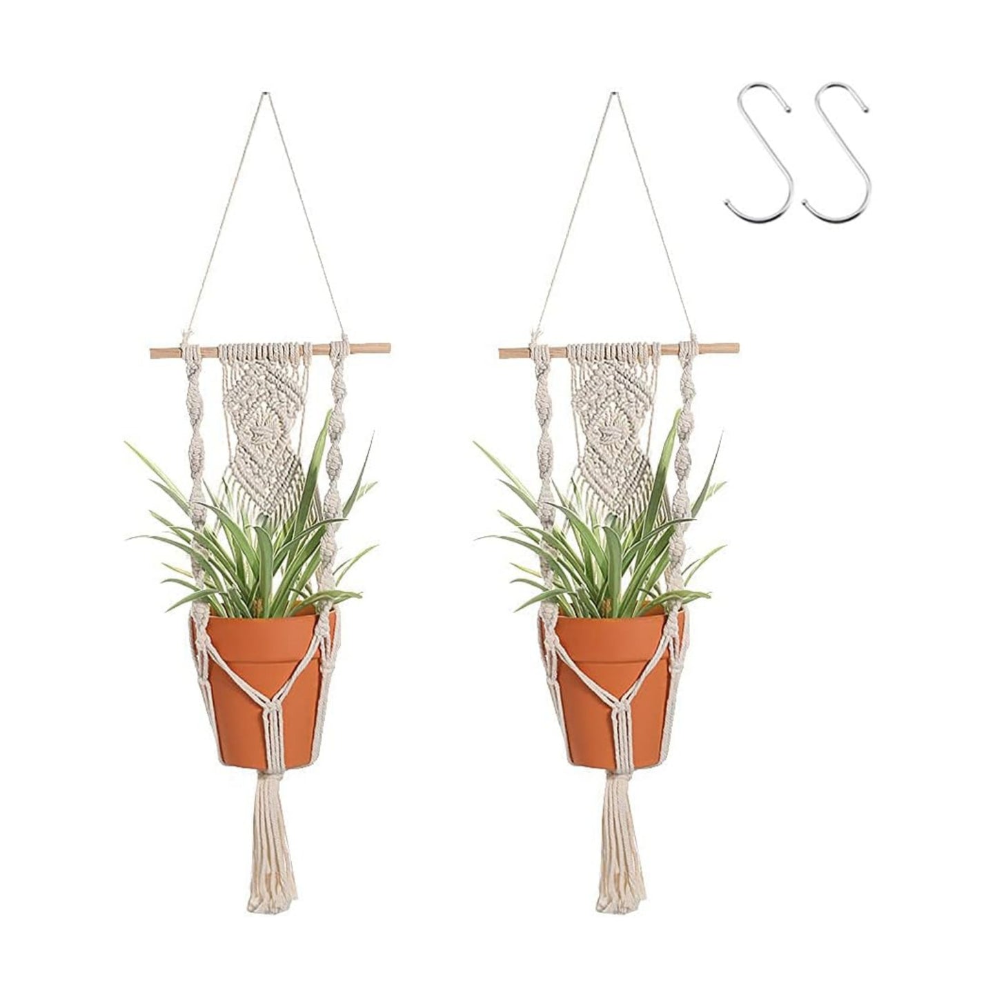 Boho Macrame Plant Hangers / White Wood Hanger / Set of 2