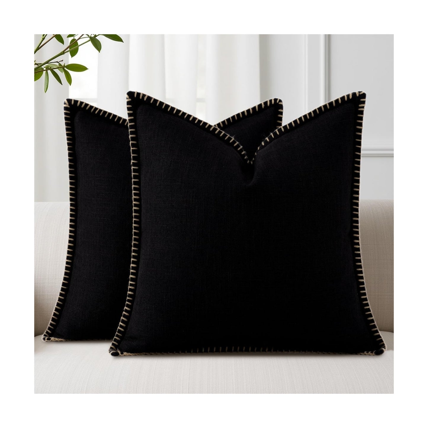 Fall Decorative Throw Pillow Covers Square Faux Linen Outdoor Neutral / Black / 18 x 18 / Set of 2