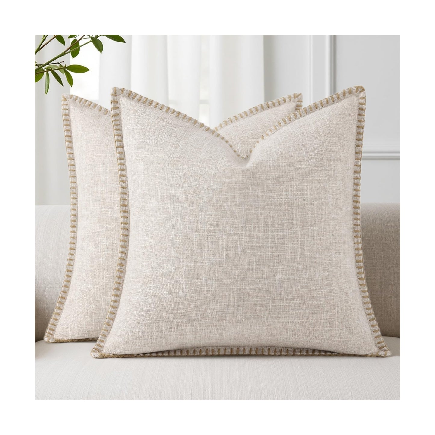 Fall Decorative Throw Pillow Covers Square Faux Linen Outdoor Neutral / Beige / 18 x 18 / Set of 2
