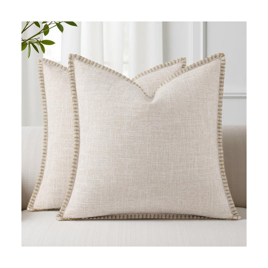 Fall Decorative Throw Pillow Covers Square Faux Linen Outdoor Neutral / Beige / 18 x 18 / Set of 2