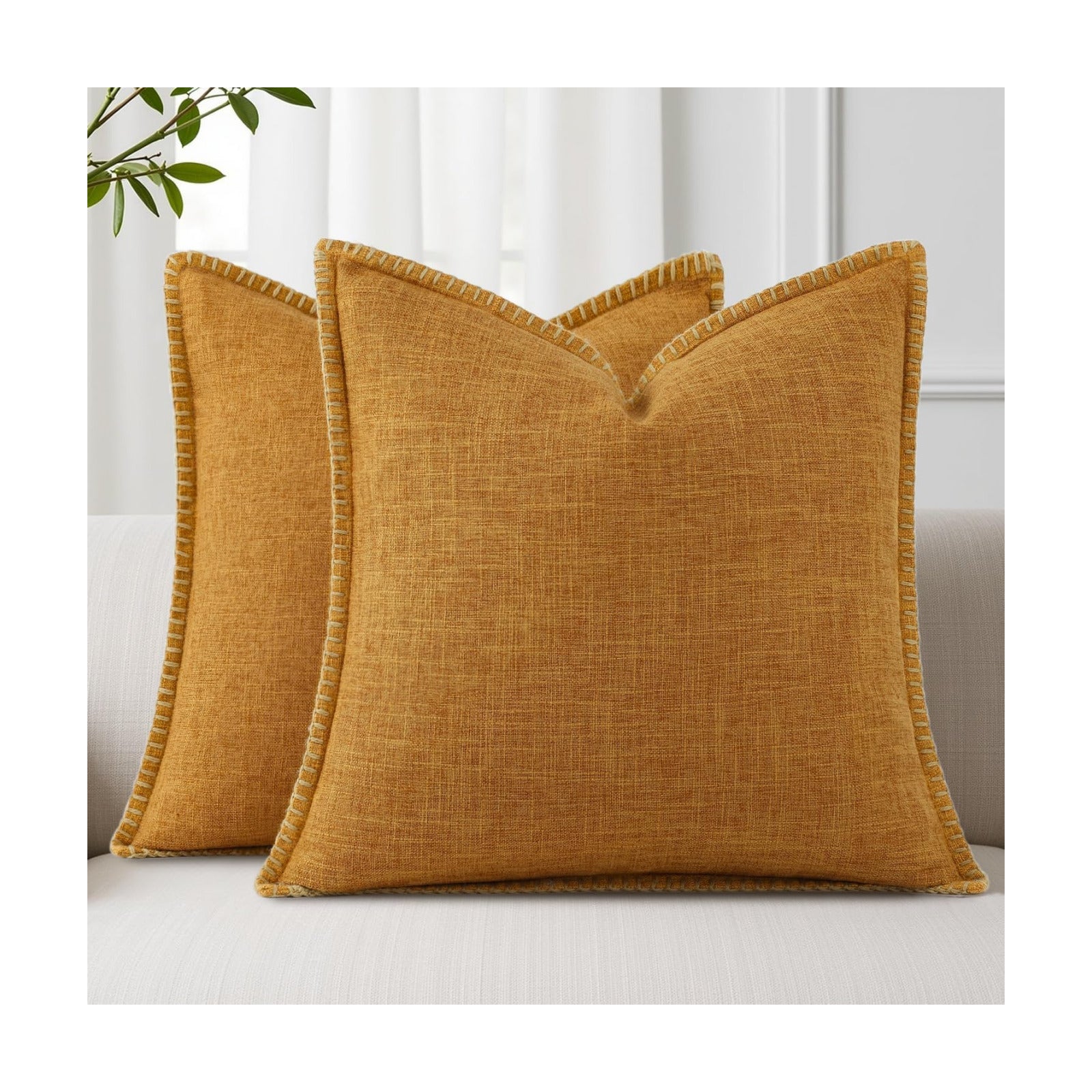 Fall Decorative Throw Pillow Covers Square Faux Linen Outdoor / Bronze Gold / 18 x 18 / Set of 2