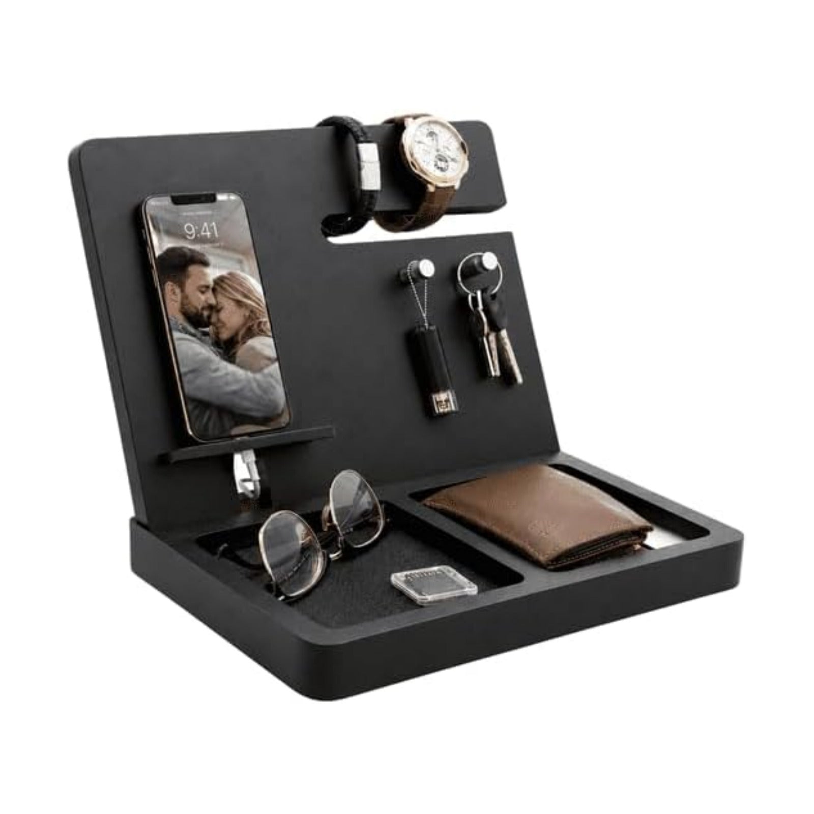 Namore Nightstand Organizer for Men – Wood Phone Docking Station & Bedside Valet Tray Organizer for Wallet, Watch &