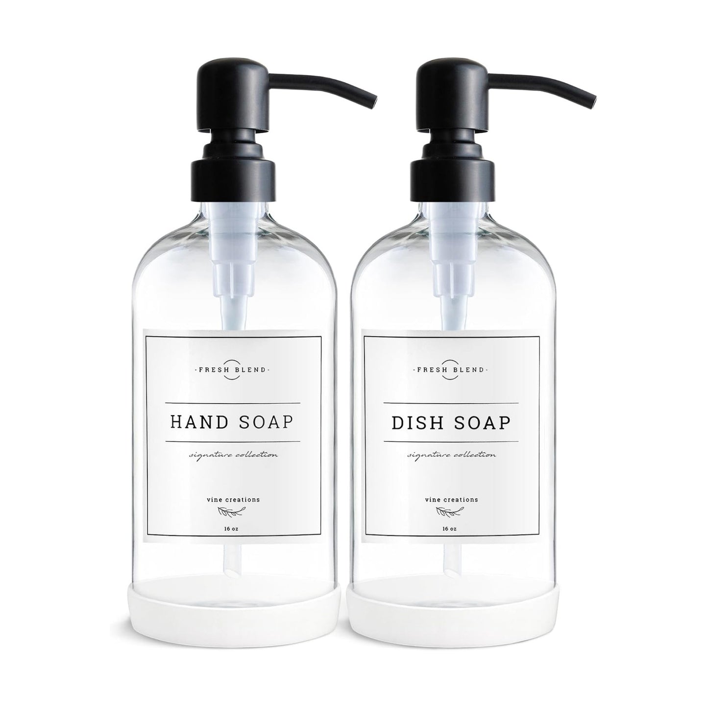 Vine Creations Clear Glass Soap Dispenser, 2 Pack Kitchen Soap Dispenser Set with Stainless Steel Pump, 16 oz Dish Soap