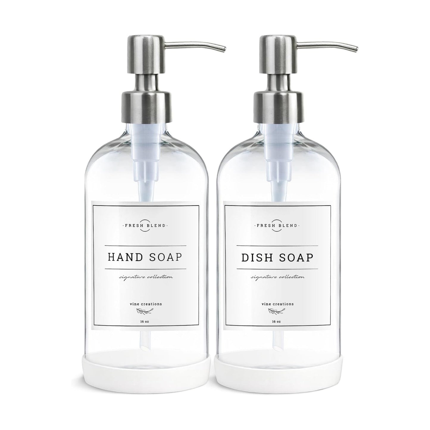 Vine Creations Clear Glass Soap Dispenser, 2 Pack Kitchen Soap Dispenser Set with Stainless Steel Pump, 16 oz Hand Soap