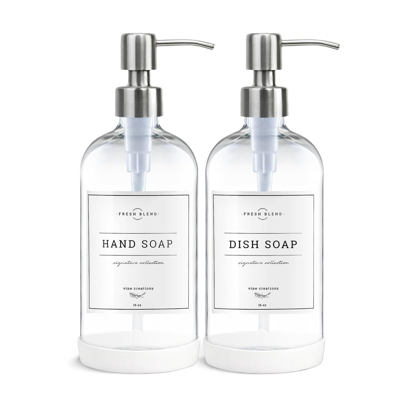 Vine Creations Clear Glass Soap Dispenser, 2 Pack Kitchen Soap Dispenser Set with Stainless Steel Pump, 16 oz Hand Soap