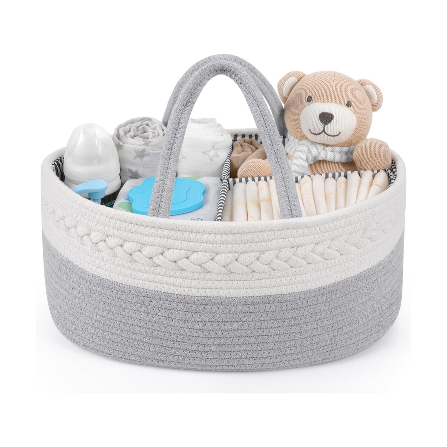 Diaper Caddy Organizer for Baby Boy- Cotton Rope for Changing Table / Large / Grey
