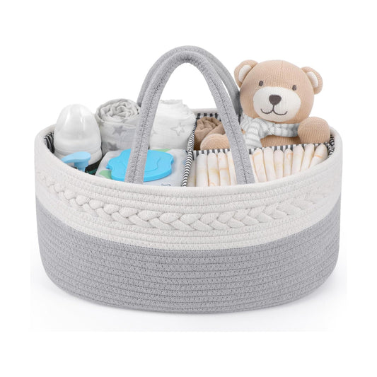 Diaper Caddy Organizer for Baby Boy- Cotton Rope for Changing Table / Large / Grey