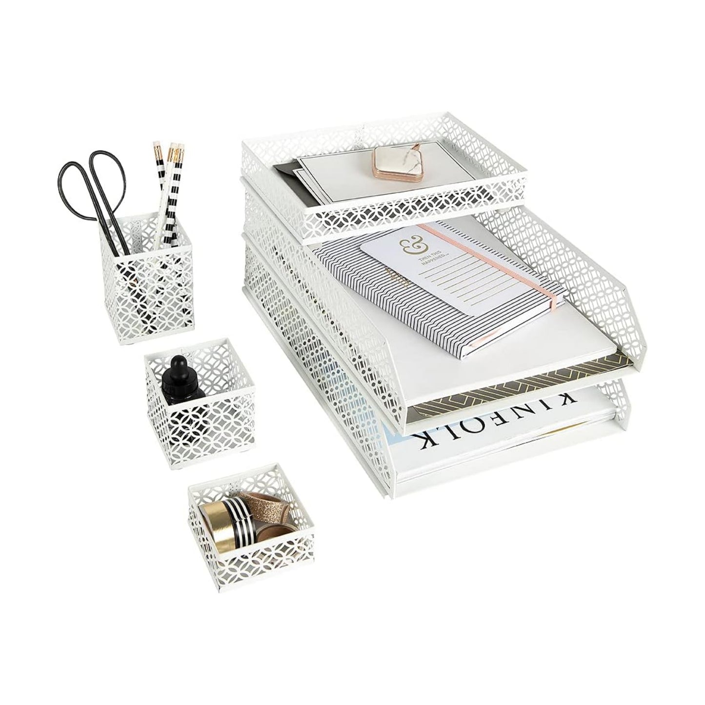 BLU MONACO | White Desk Organizer Set | 6 Piece Metal Desk Organizer with Pen Cup, Accessory Trays, and Letter Trays