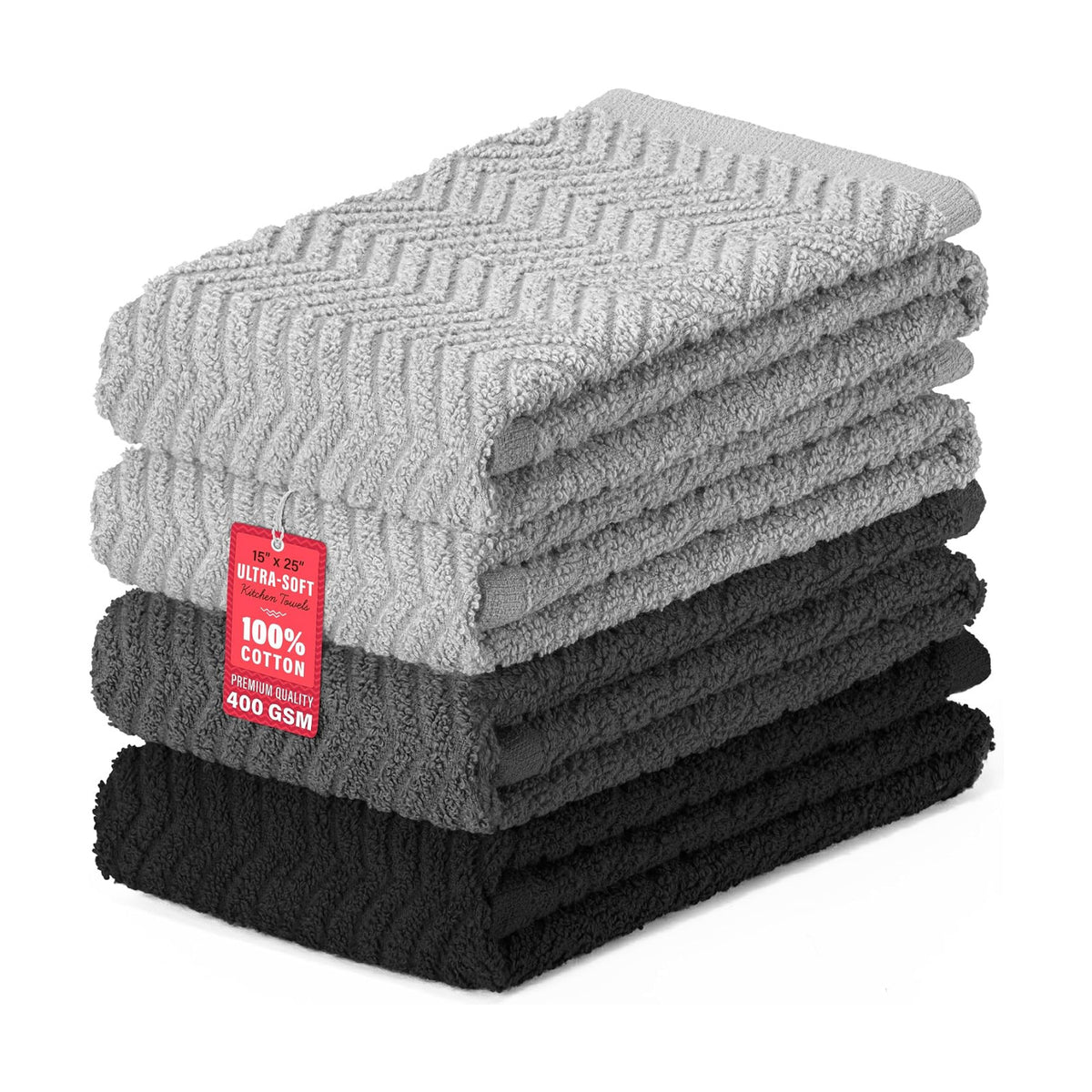 DecorRack 100% Cotton Kitchen Towels 15x25 in, Gray Set (Pack of 4)