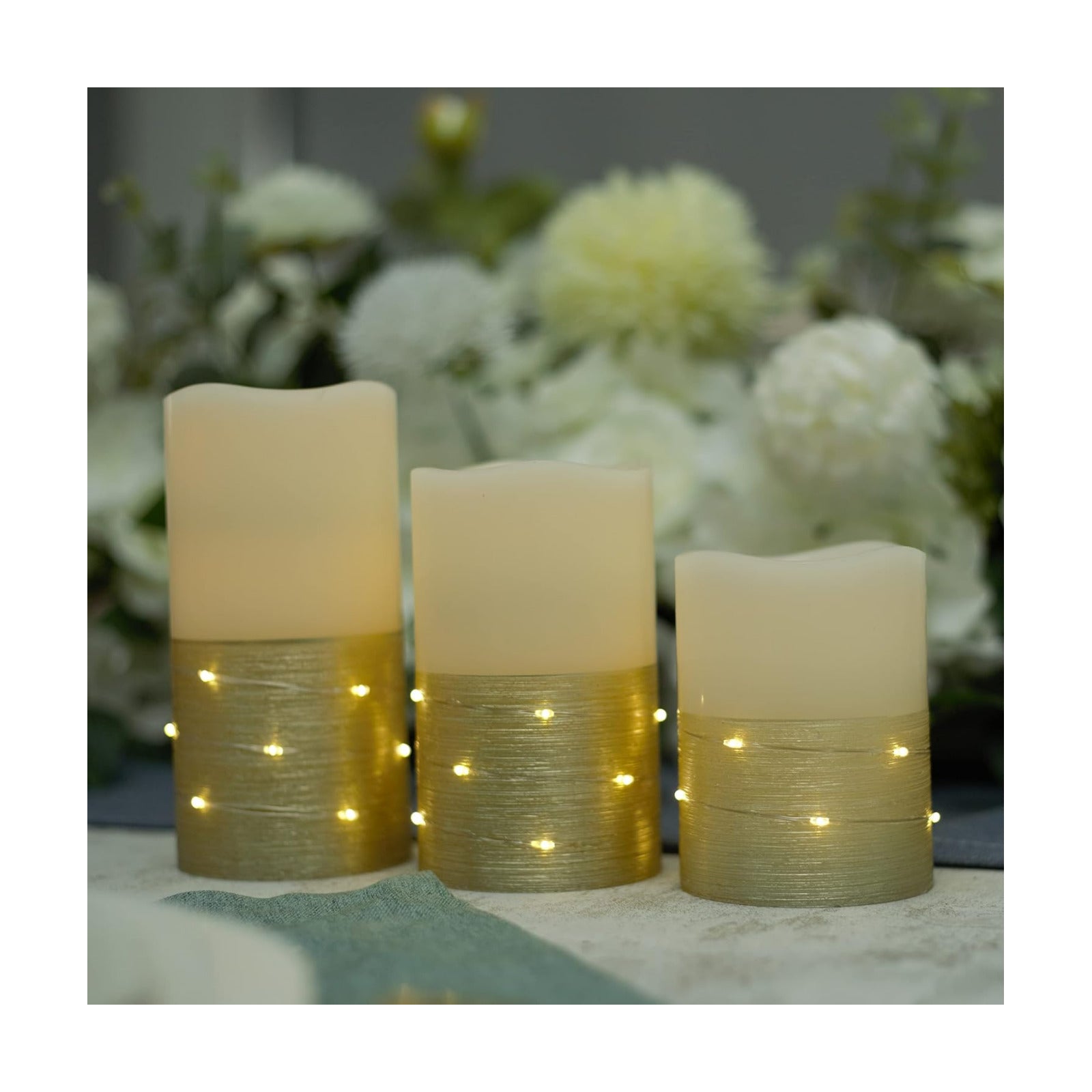 H-BLOSSOM Flickering Flameless Candles Ivory Real Wax Pillar with Embedded String Lights LED Candles Battery Operated