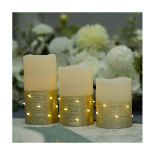 H-BLOSSOM Flickering Flameless Candles Ivory Real Wax Pillar with Embedded String Lights LED Candles Battery Operated