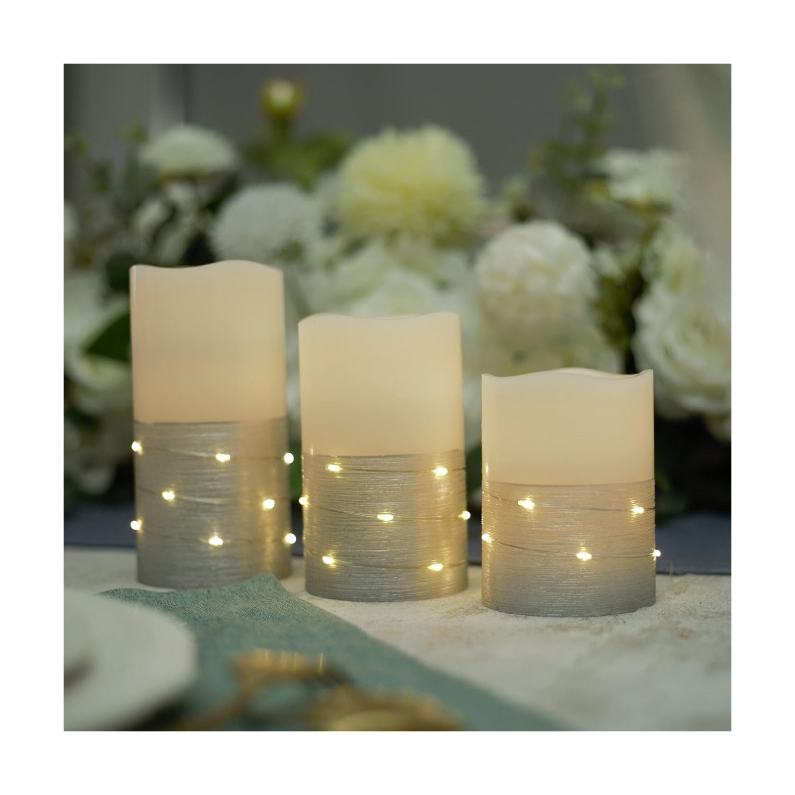 H-BLOSSOM Flickering Flameless Candles Ivory Real Wax Pillar with Embedded String Lights LED Candles Battery Operated