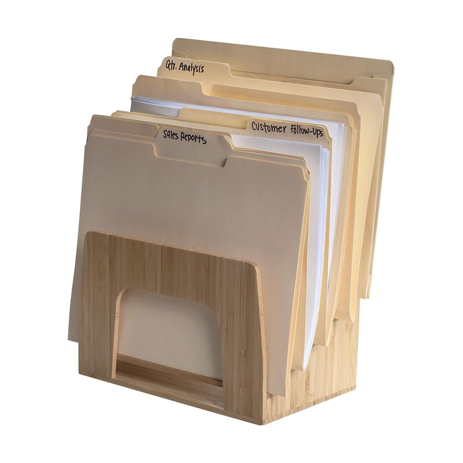 MobileVision Bamboo Desktop Inclined File Folder Organizer and Paper Tray, Upright Sections, Step Sorter, 5 Slots