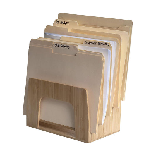 MobileVision Bamboo Desktop Inclined File Folder Organizer and Paper Tray, Upright Sections, Step Sorter, 5 Slots