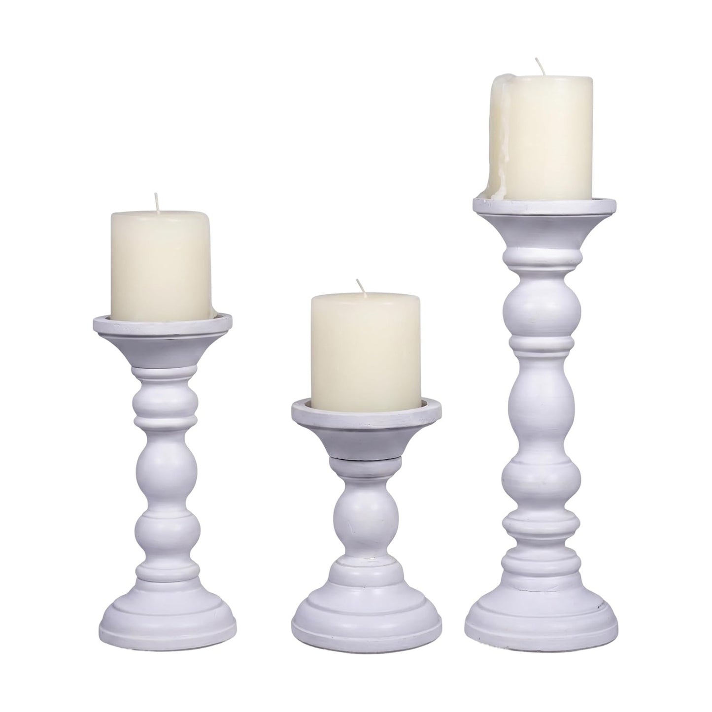 Willow Mango Wood Candle Holders - Matte White, Set of 3 | 6", 9" and 12" hand-carved candle holders for table, mantel