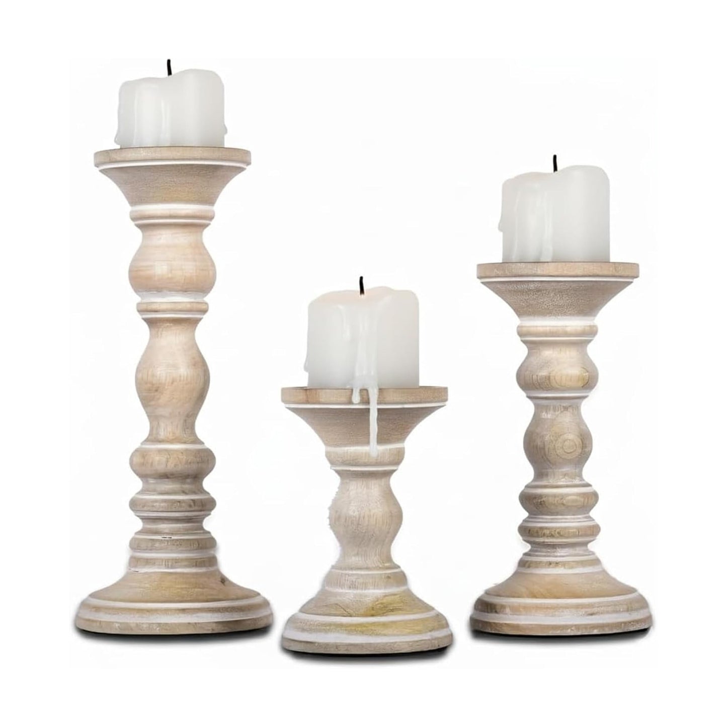 Mango Wood Candle Holders - Whitewash Finish, Set of 3 | Hand-carved decorative pillar stands curated to accent cozy