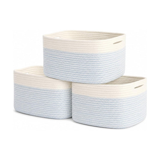 Blue Cotton Rope Baskets / Blue / Off-white / 15 x 10 x 9 / Set of 3