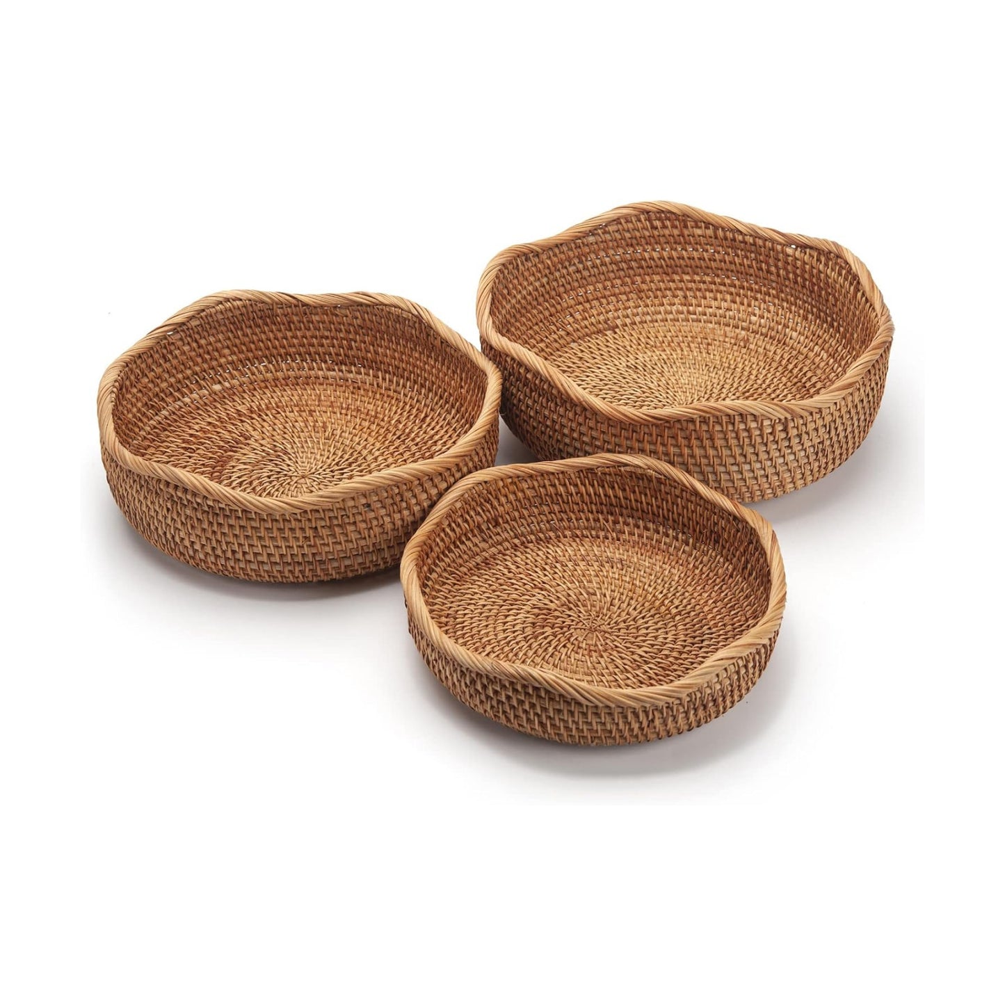 Rattan Bread Baskets Round Woven Fruit Bowls Key Holders Stackable / Wave / Natural / Set of 3