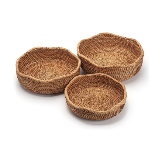 Rattan Bread Baskets Round Woven Fruit Bowls Key Holders Stackable / Wave / Natural / Set of 3
