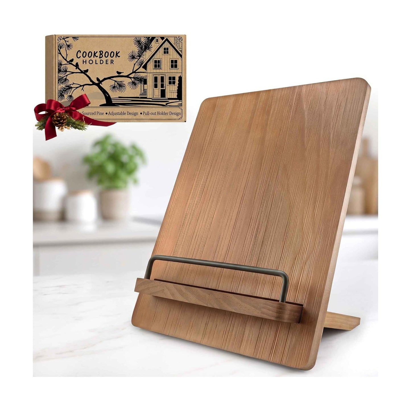 Brown Solid Wood Cookbook Stand: for Kitchen Counter Recipe Holder | Heavy-Duty Wood Cook Book Stand Holds 2" Thick