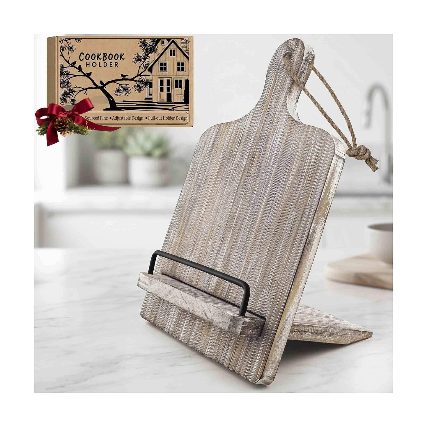 Grey Cookbook Stand for Kitchen Counter: Wooden Recipe Book Holder | Solid Wood with Measurement Chart, Holds 2" Thick