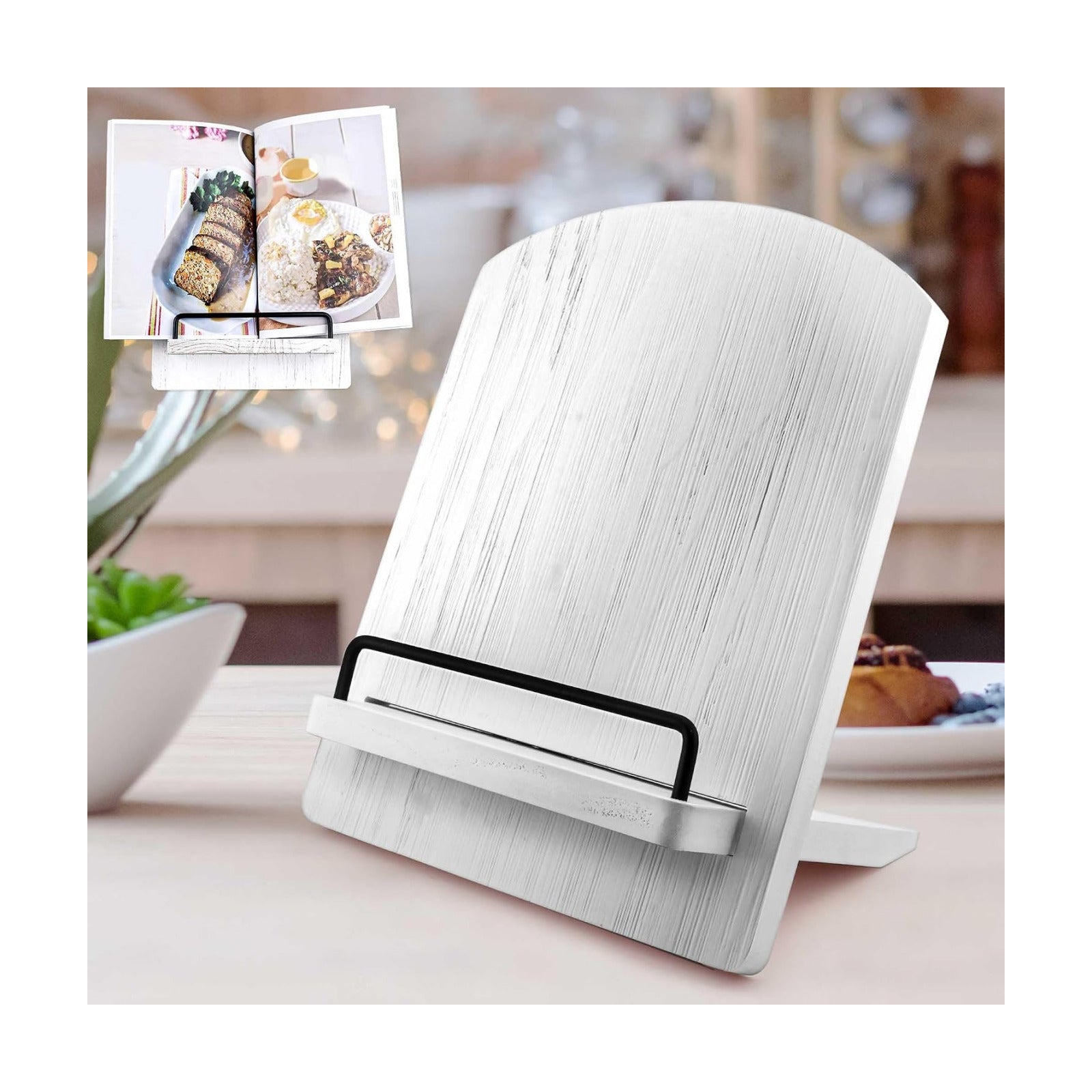White Farmhouse Cookbook Stand: Wood Recipe Holder for Kitchen Counter | Sturdy Solid Wood Stand with Metal Page Clips