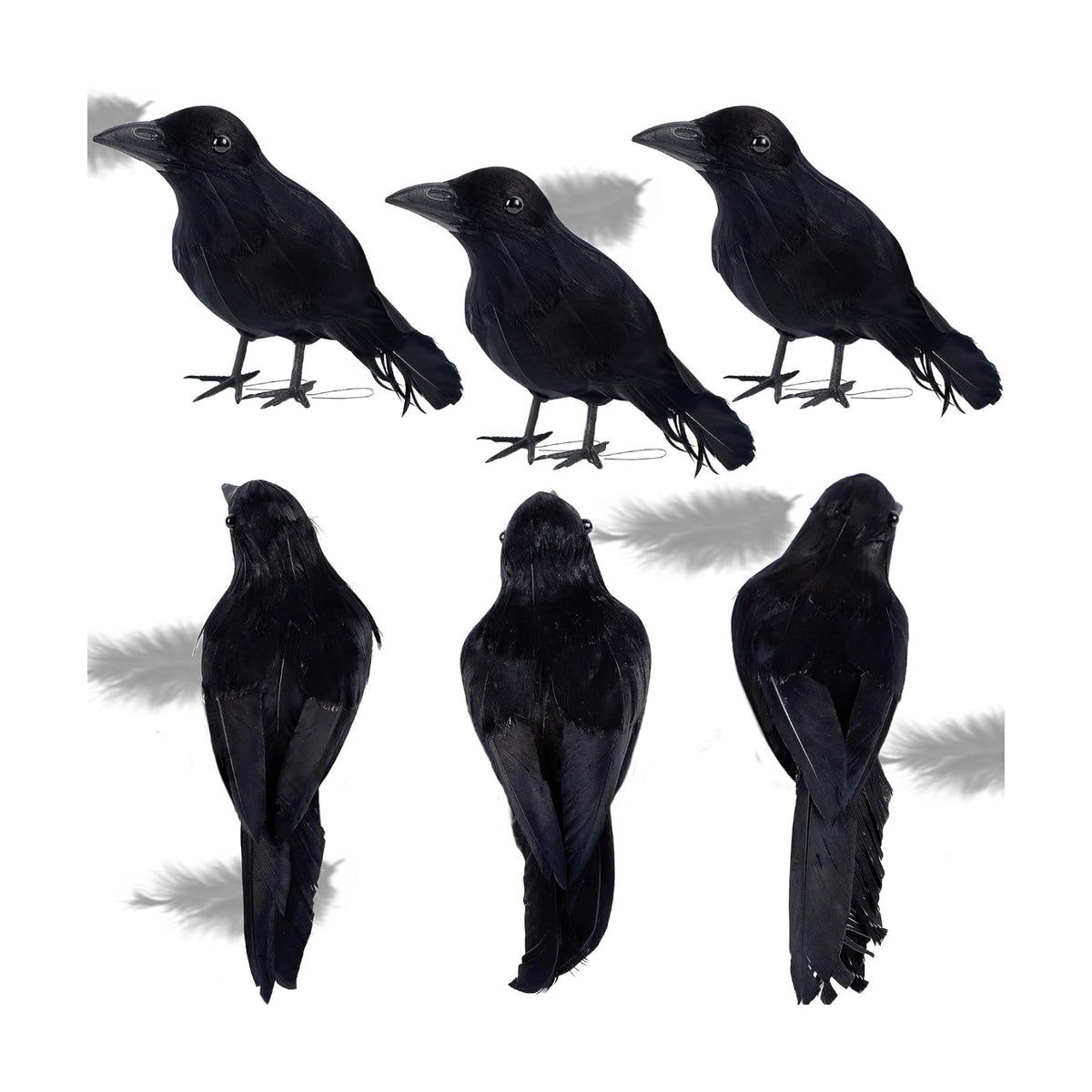 ATDAWN 6 Pack Halloween Black Feathered Crows, Realistic Halloween Birds Decoration for Spooky Décor
