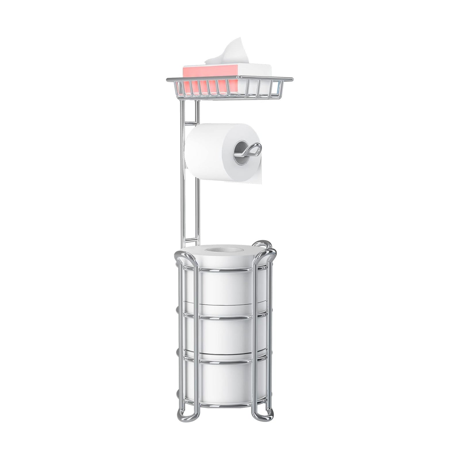 Toilet Paper Holder Stand with Shelf for Phone, Bathroom Free Standing Tissue Roll Storage Rack with Dispenser for 4
