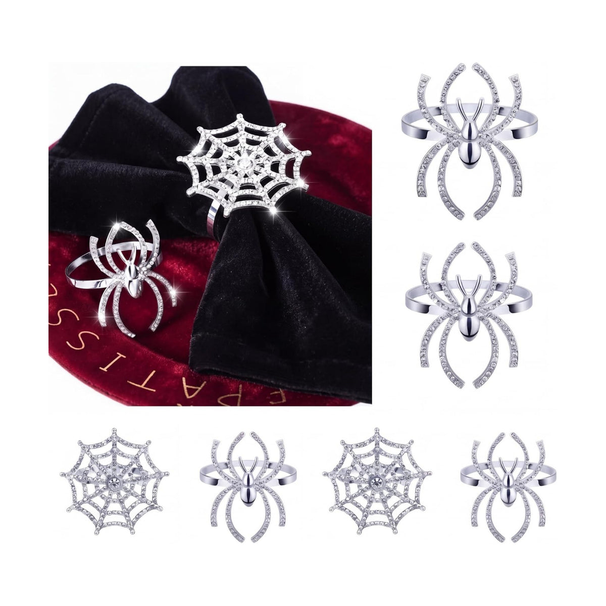 Patelai 12 Pcs Spider Napkin Rings Halloween Napkin Ring, Sliver, Glitter