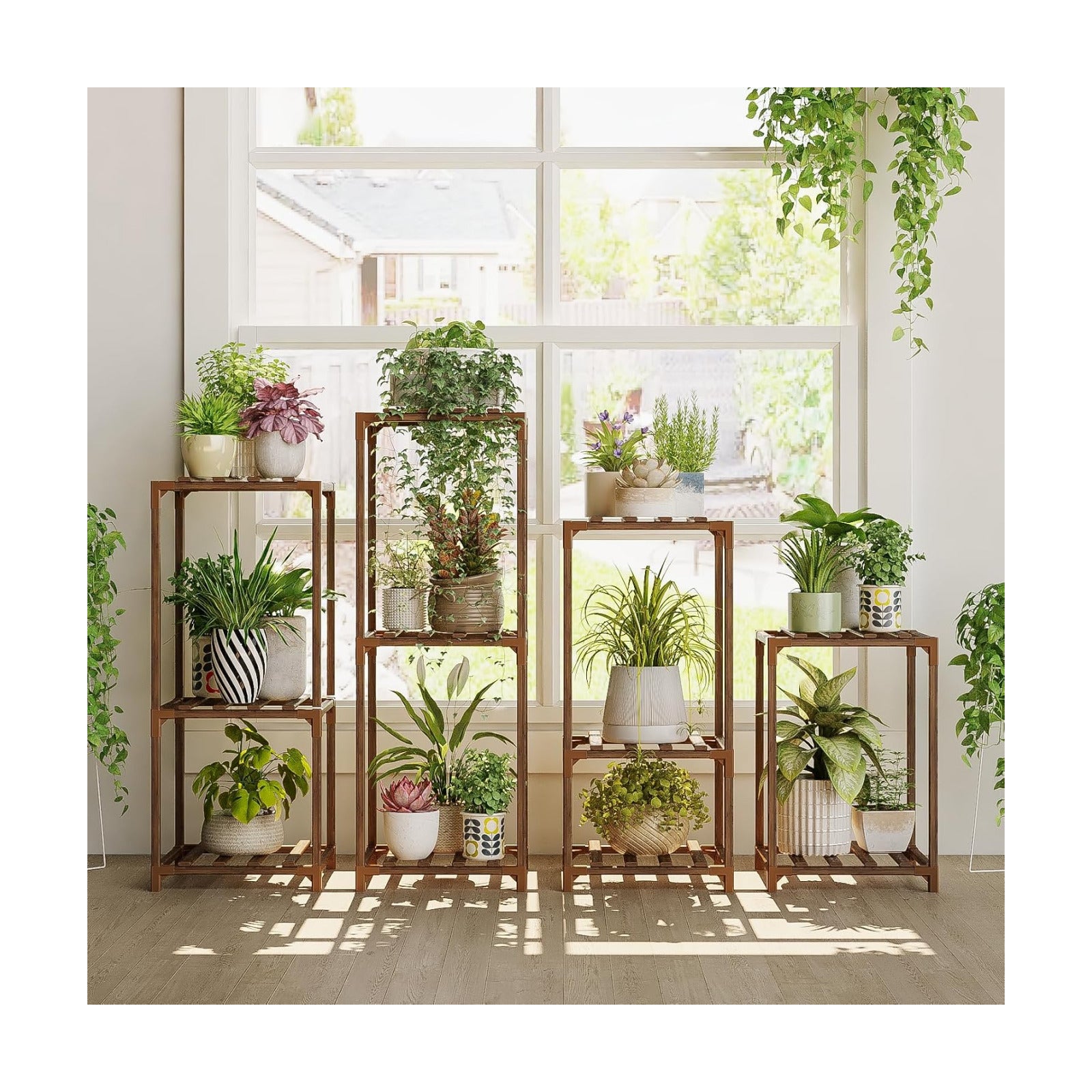 Bamworld Plant Stands Indoor 4 Sets Plant Shelves Outdoor | Wooden Plant Holder for Multiple Plants Flower Stands for