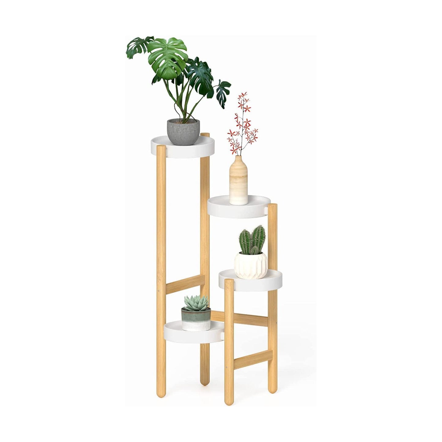 Wisuce Bamboo Plant Stand Indoor, 4 Tier Tall Corner Plant Shelf Table | Easy-Clean Steel Top | Smooth Bamboo | Narrow