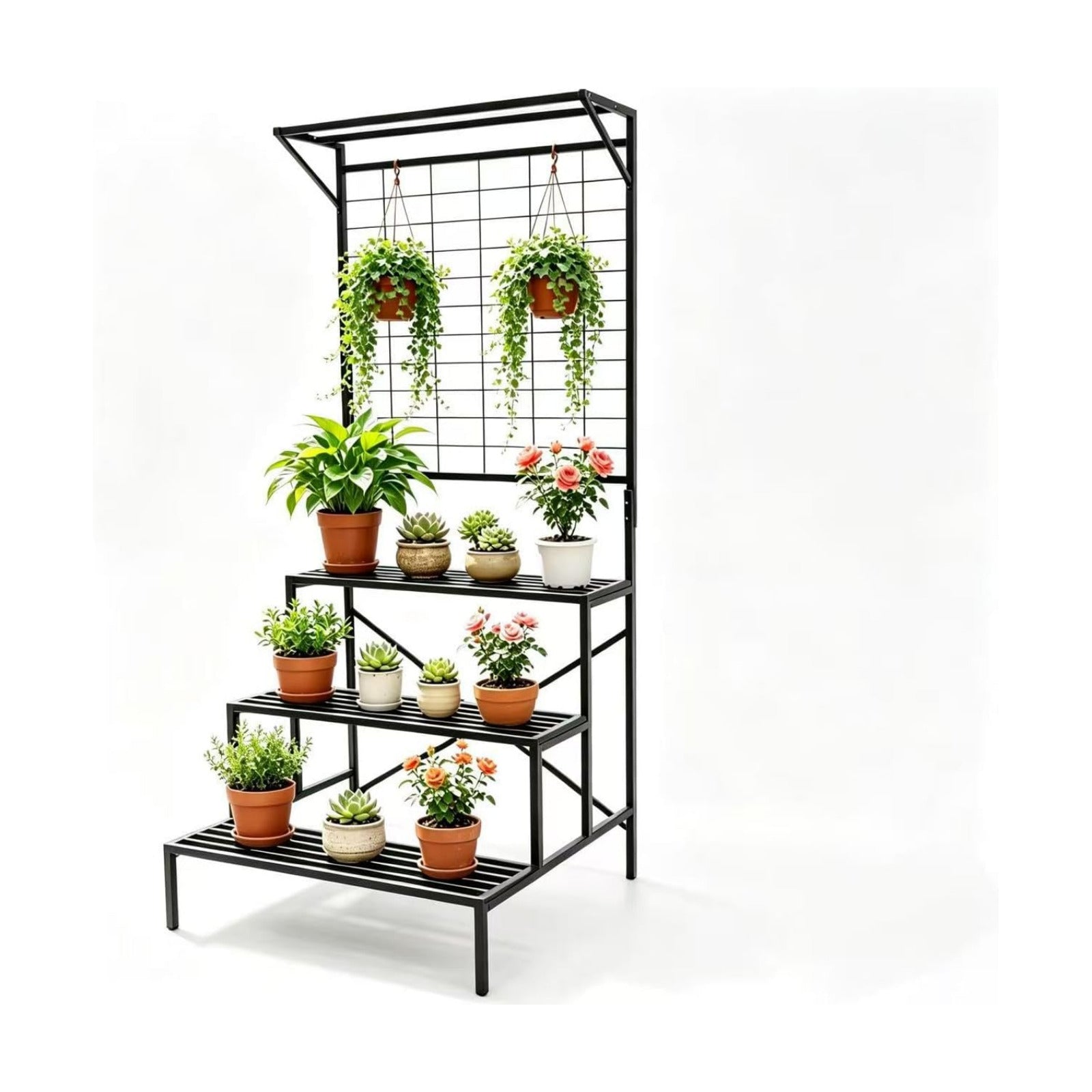 Zhongma 3 Tier Large Heavy Duty Plant Stand with Hanging Plant pot shelf, 35.43 x 33.27 x 78.74, Tall multi layer Plant