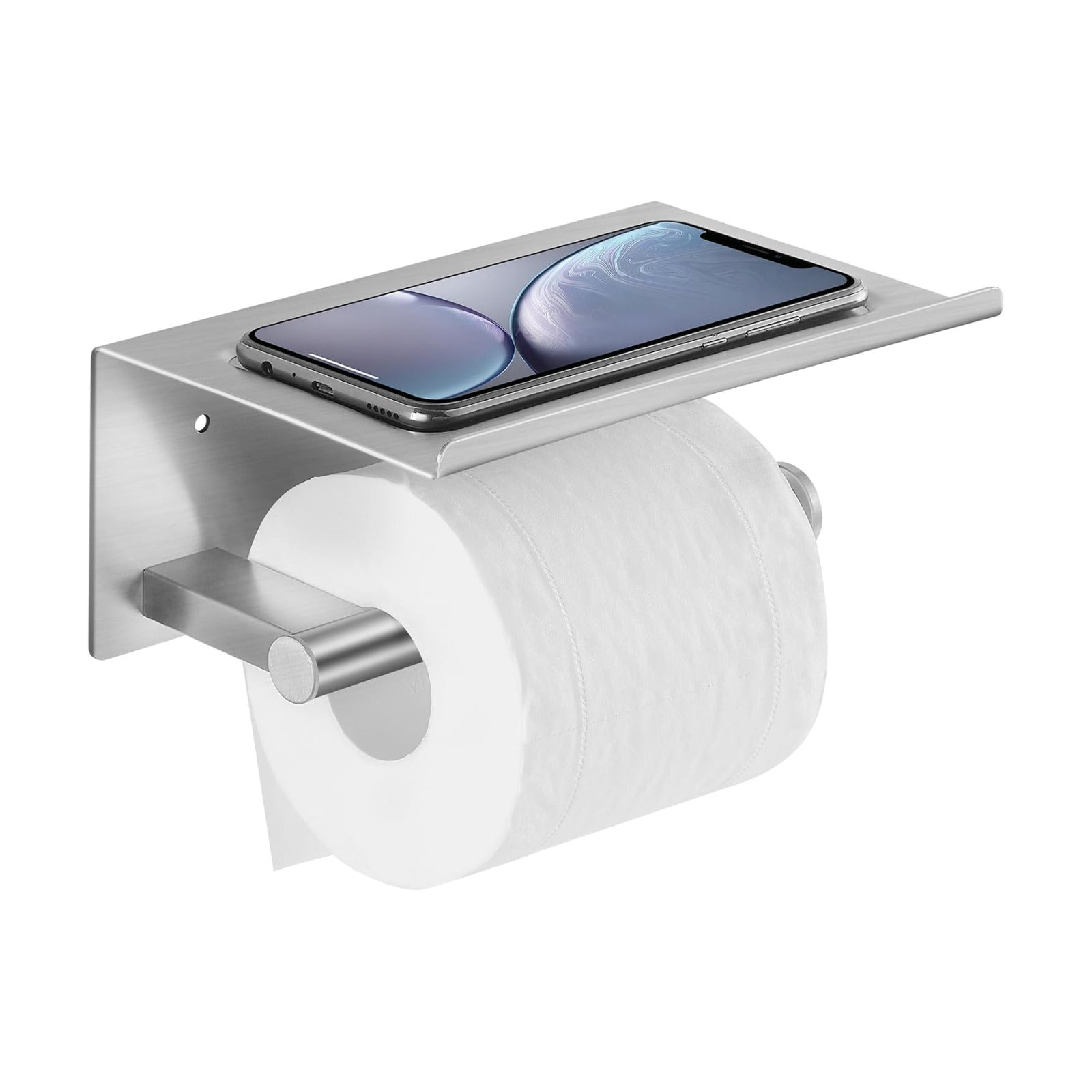 Toilet Paper Holder with Shelf, Wall Mounted Adhesive Holder for Bathroom, Tissue Roll Holder with Phone Storage Shelf