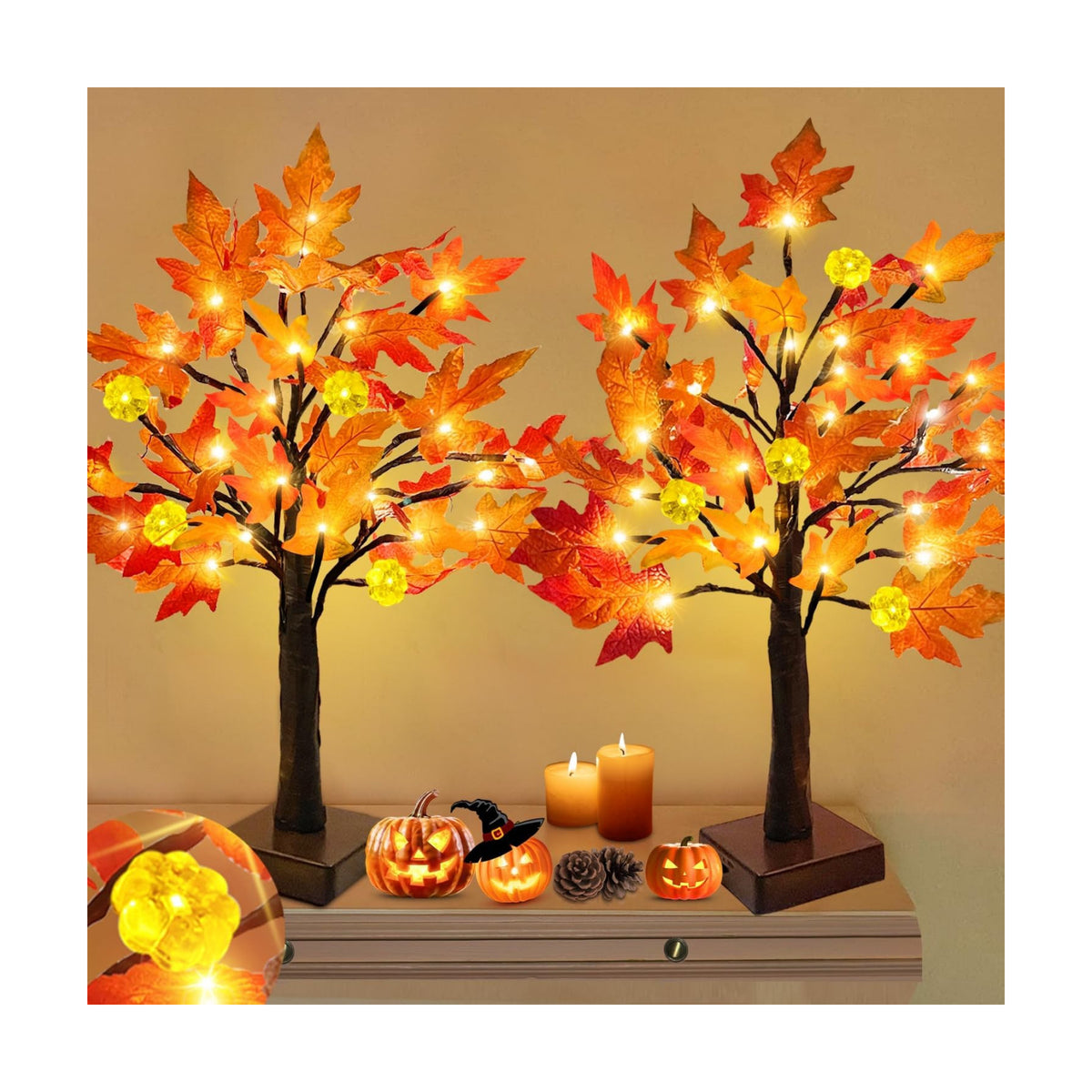 TURNMEON Fall Decor 2 Pack 24 Inch Prelit Fall Maple Tree 48 LEDs Timer