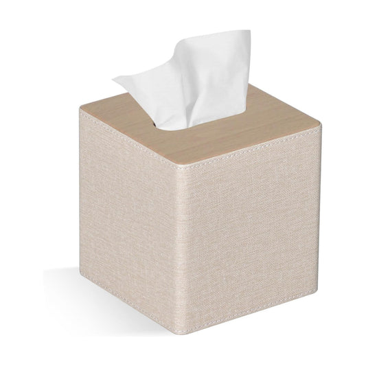 Tissue Box Cover Square PU Leather Facial Tissue Box Holder for Dresser Bathroom Decor / Beige