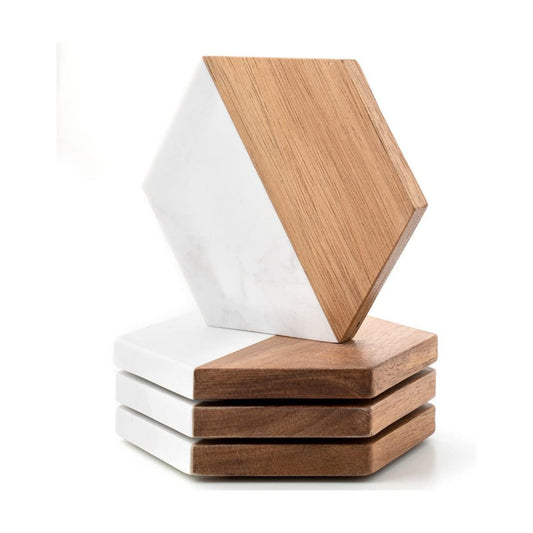 Modern Rustic Acacia Hexagon Coaster Set Decorative Bar Coaster / Hexagon White Marble + Wood