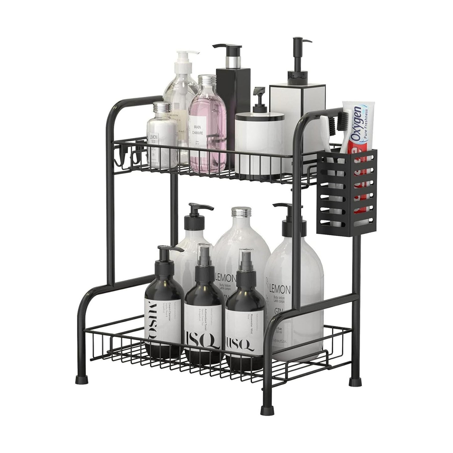 2 Tier Bathroom Countertop Organizer with Toiletries Basket for Vanity | Tool-free no-screw design.Sturdy black