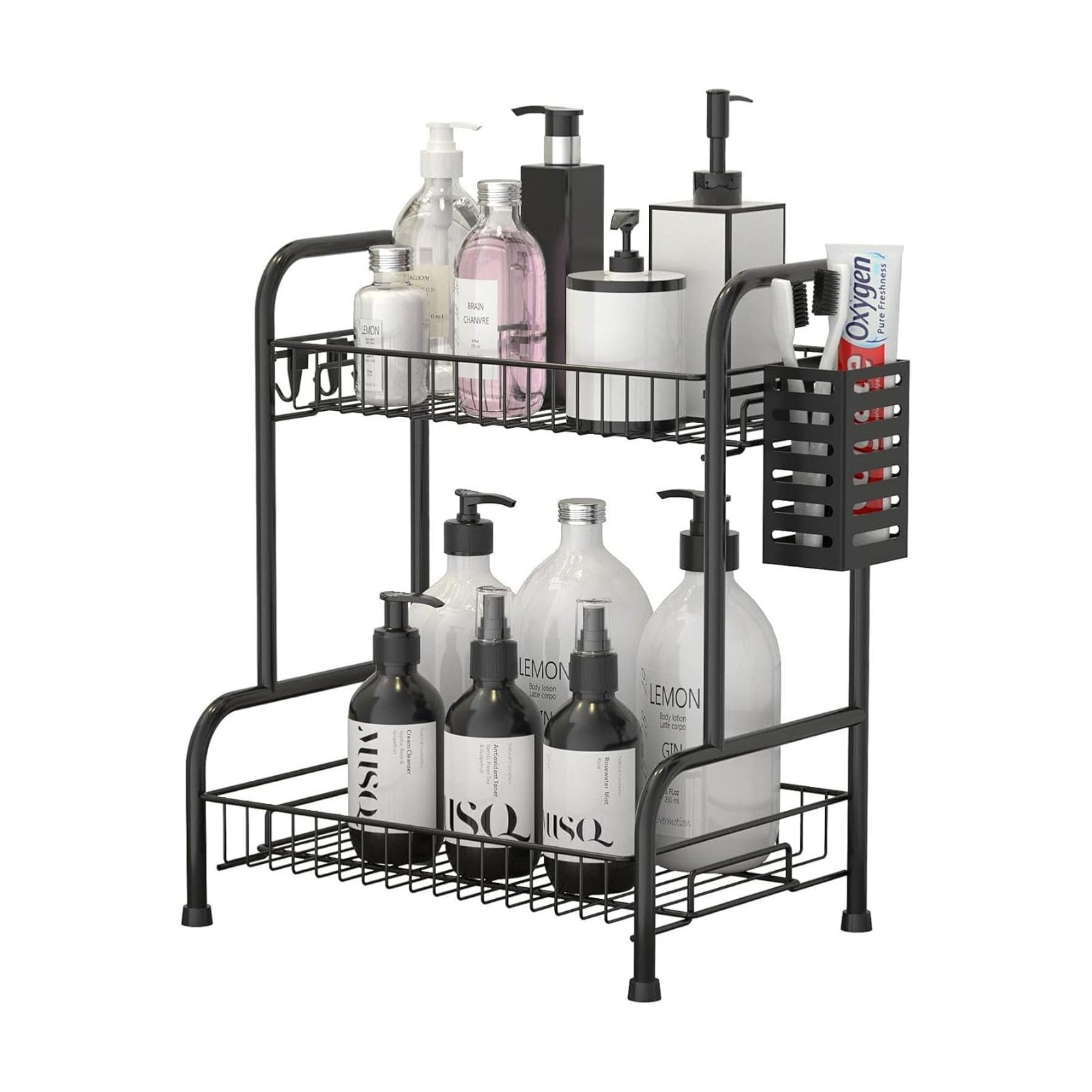 2 Tier Bathroom Countertop Organizer with Toiletries Basket for Vanity | Tool-free no-screw design.Sturdy black