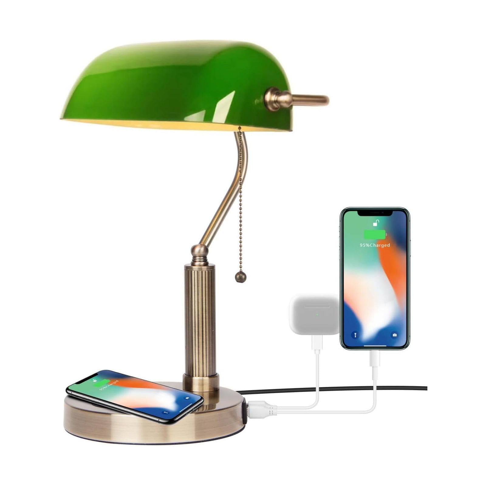 FIRVRE Glass Bankers Desk Lamp,USB Wireless Charging Port LED Desk Lamp, Classic Retro Pull Chain Switch Table lamp