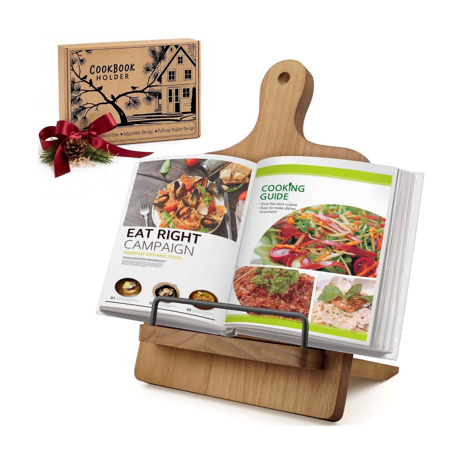 Brown Wood Cookbook Stand Holder: Adjustable Rest for Kitchen Counter | Counter top Cooking, Holds Thick Books, Fits