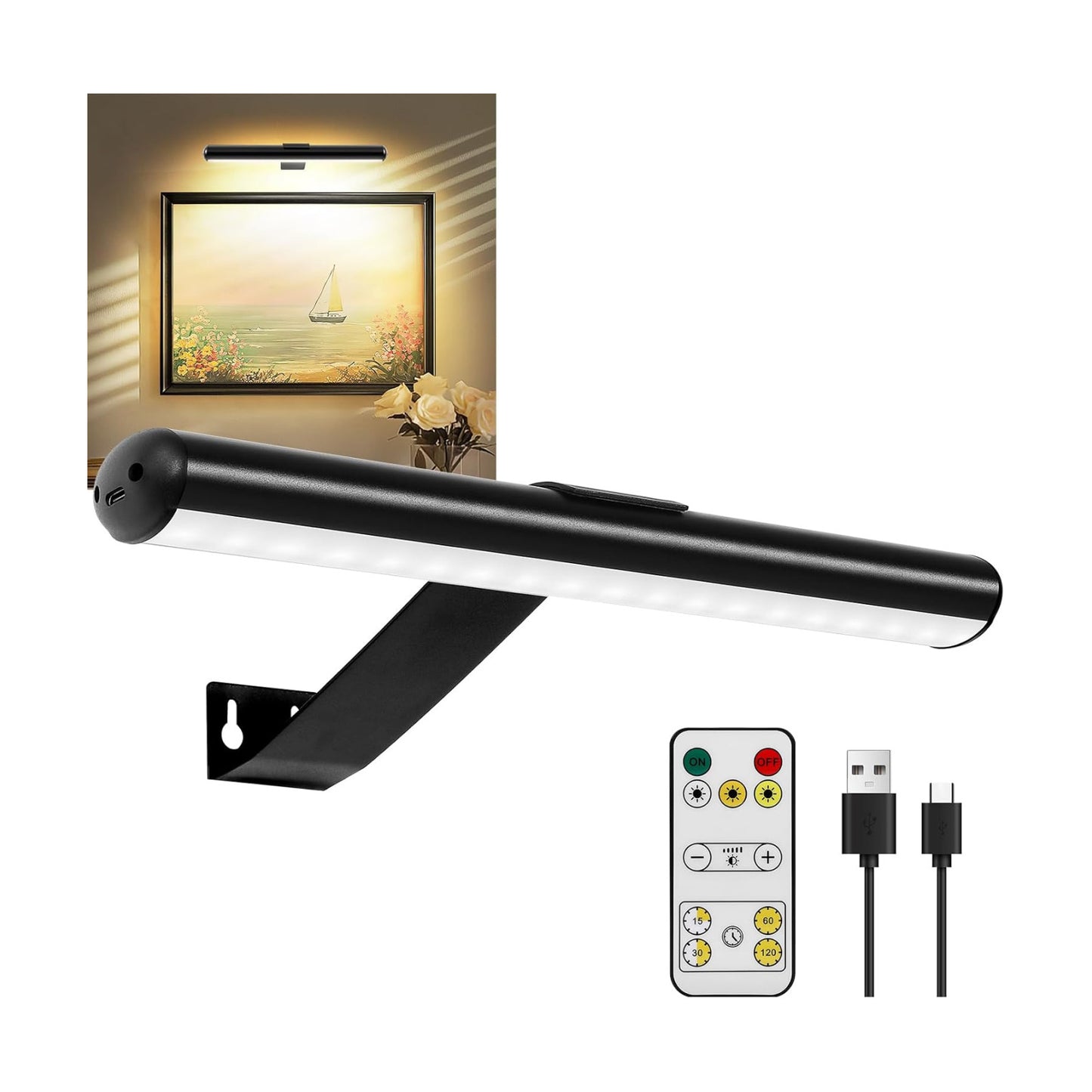 Picture Light Battery,Brightness Dimmable Timer Setting,Rechargeable Painting Light for Pictures Display Art on Wall
