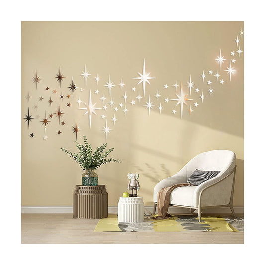 Mirror Wall Stickers Star Wall Decal Peel and Stick 3D Acrylic Decals Removable / Golden / Gold