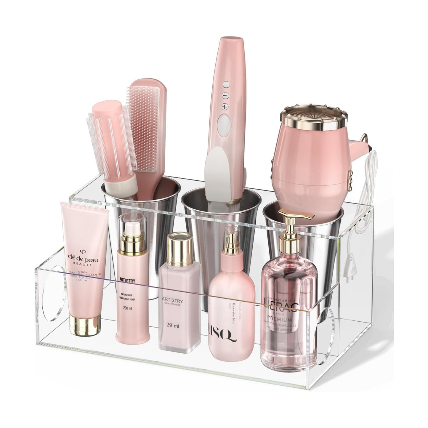 NIUBEE Acrylic Hair Tool Organizer,Hair Dryer Holder Countertop with 3 Cups | Clear, Hot Tools Organizer, Hair Blow