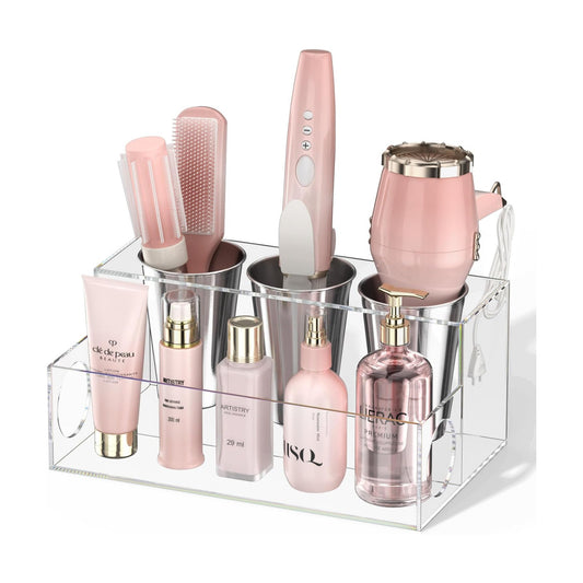 NIUBEE Acrylic Hair Tool Organizer,Hair Dryer Holder Countertop with 3 Cups | Clear, Hot Tools Organizer, Hair Blow