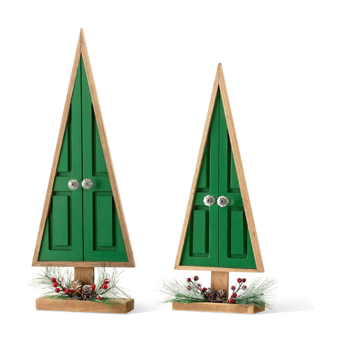 glitzhome Tabletop Wooden Christmas Tree Set of 2 with Pinecones and Berries for Xmas Holiday Home Decorations, 19" H, Green