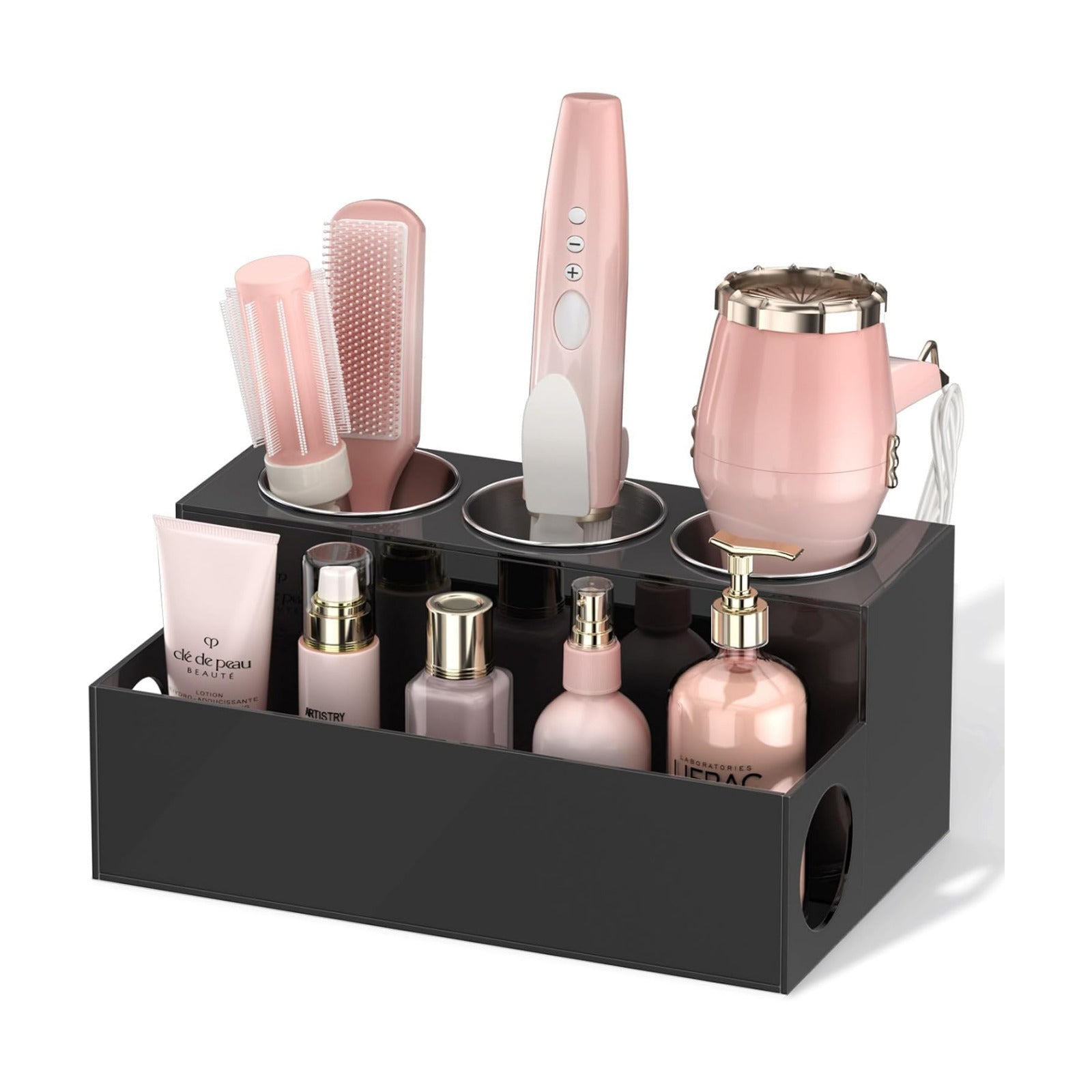NIUBEE Acrylic Hair Tool Organizer,Hair Dryer Holder Countertop with 3 Cups | Black, Hot Tools Organizer, Hair Blow
