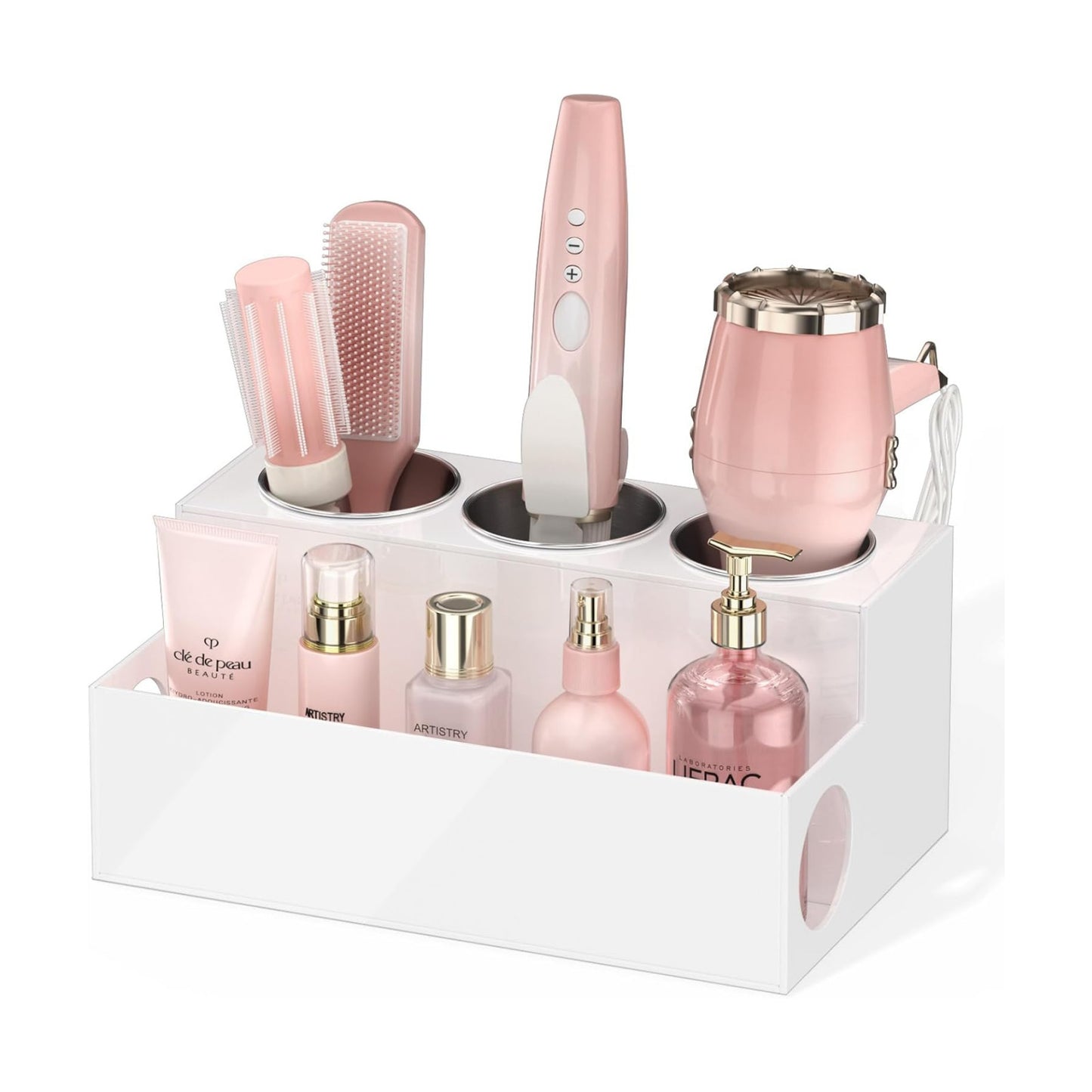 NIUBEE Acrylic Hair Tool Organizer,Hair Dryer Holder Countertop with 3 Cups | White, Hot Tools Organizer, Hair Blow