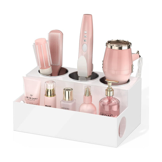 NIUBEE Acrylic Hair Tool Organizer,Hair Dryer Holder Countertop with 3 Cups | White, Hot Tools Organizer, Hair Blow